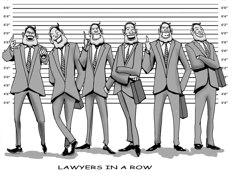 lawyers in row, humorous, book illustration